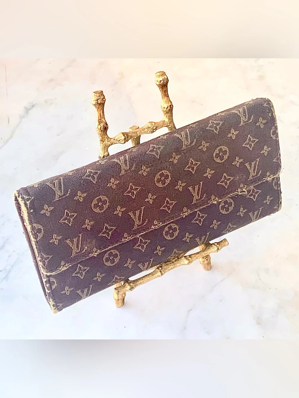 LOUIS VUITTON MINI LIN SARAH Brown CLOTH Monogram Continental Wallet VINTAGE